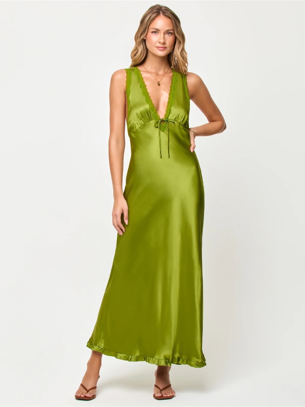 l*space x Salty Blonde Eyes On You Maxi Verdant Satin Lace-Trim Slip Dress - Picture 3 of 7